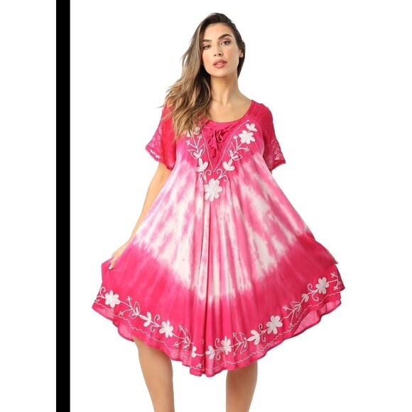 Riviera Sun Pink Tie Dye Midi Dress Size L Beachy Boho Fairy Vacation Loungewear - Picture 12 of 13